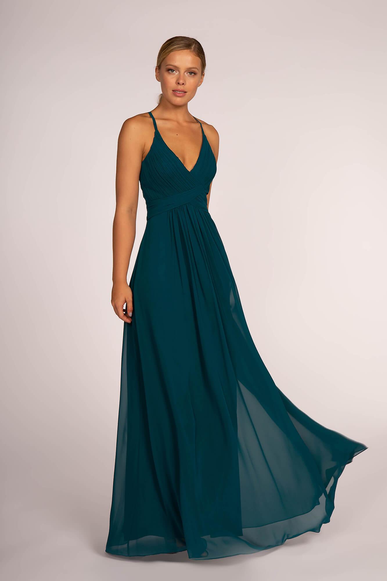 Chiffon Ruched Bodice Long Formal Dress Teal