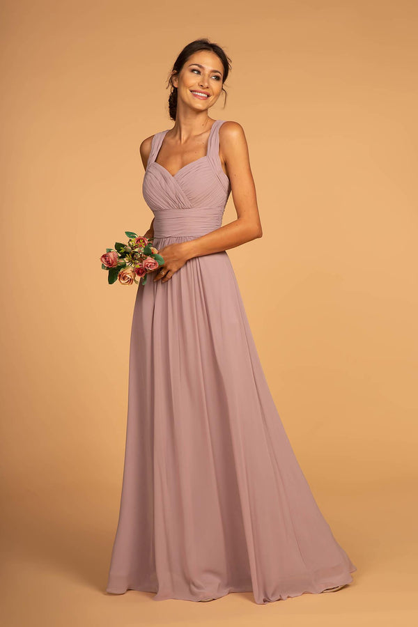 GLS Chiffon Ruched Bridesmaid Long Formal Dress - Eggplant - XS