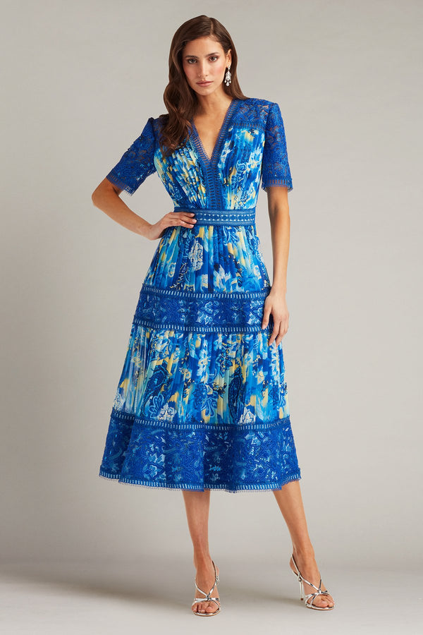 Tadashi Shoji CHQ25188MD Short Printed Cocktail Pleated Dress