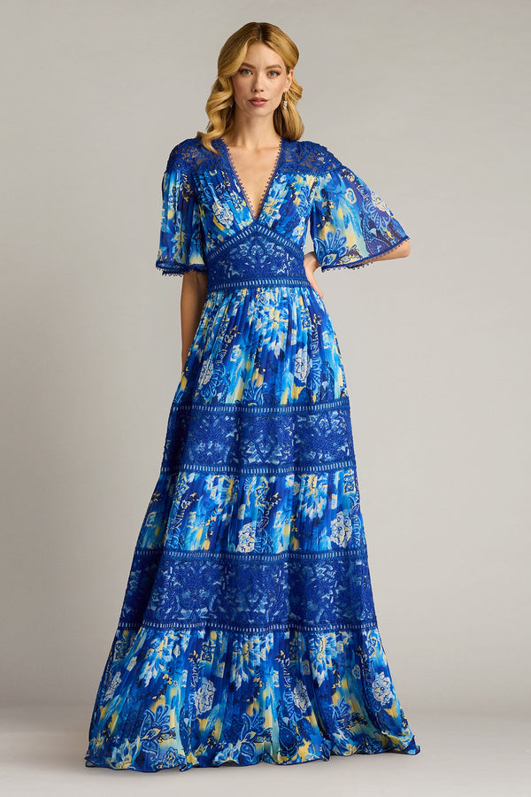 Tadashi Shoji CHQ25199L Long Floral Pleated Formal Dress – The Dress Outlet