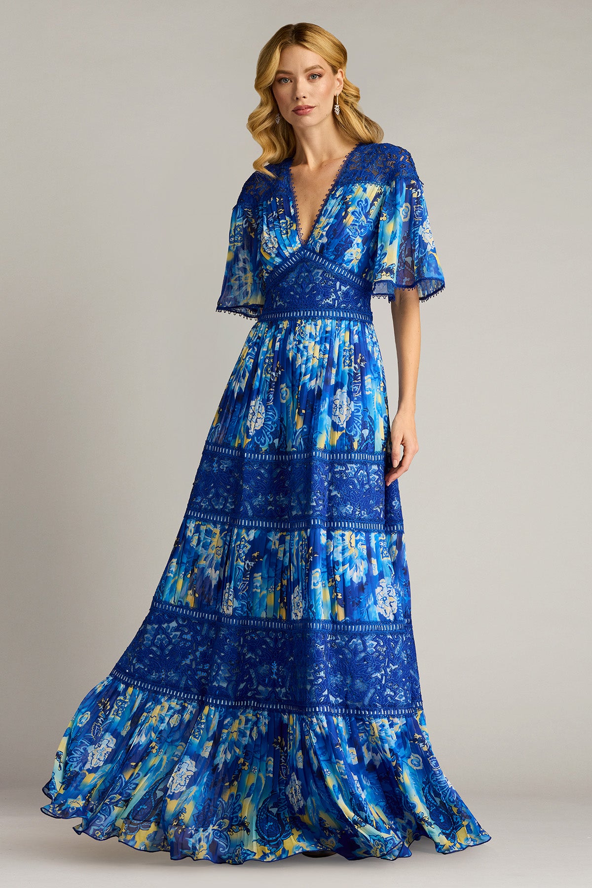 Formal Dresses Long Floral Pleated Formal Dress Mystic Blue