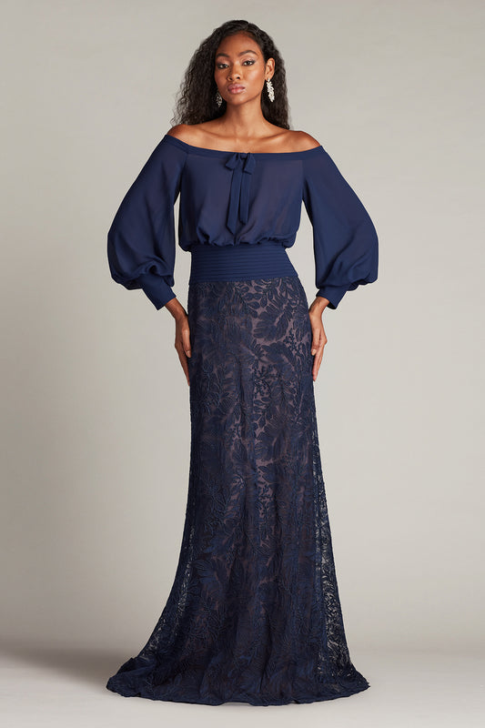 Formal Dresses Long Blouson Pleated Formal Evening Dress Navy/Nude