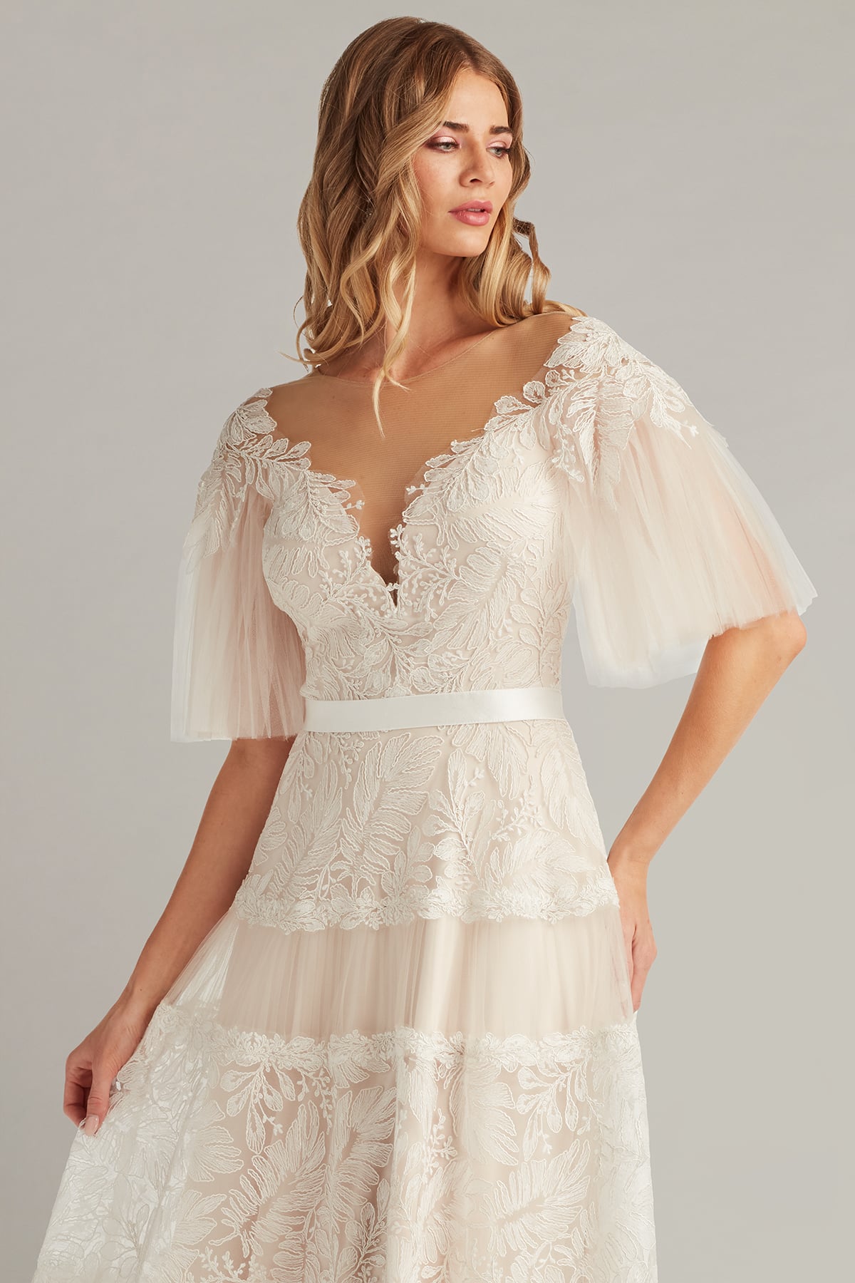 Ivory/Petal Plunging V-Neck Tea-Length Tulle Bridal Dress with Flutter Sleeves Tadashi Shoji CHU25419MDX