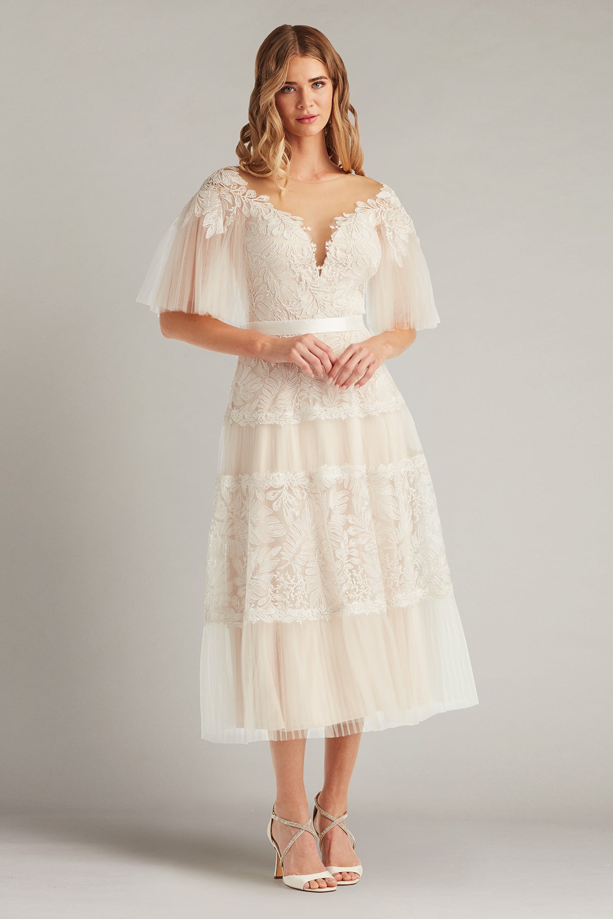 Ivory/Petal Plunging V-Neck Tea-Length Tulle Bridal Dress with Flutter Sleeves Tadashi Shoji CHU25419MDX