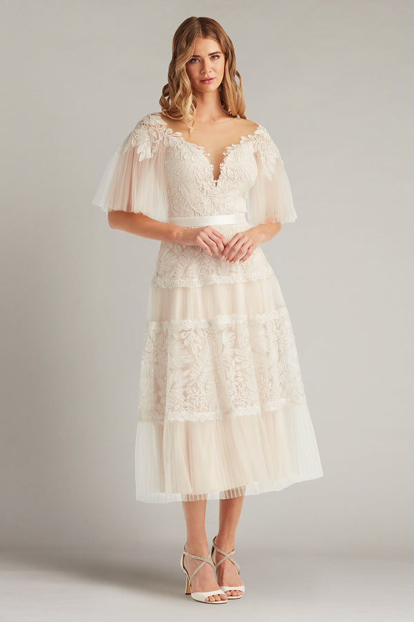 Plunging V-Neck Tea-Length Tulle Bridal Dress with Flutter Sleeves Tadashi Shoji CHU25419MDX