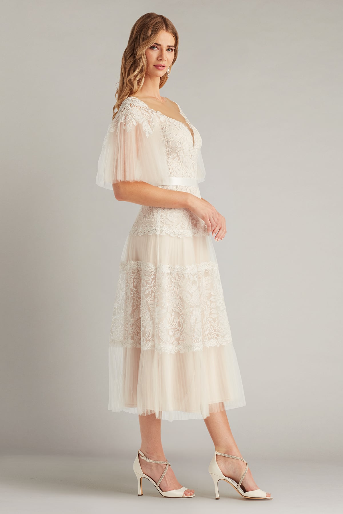 Ivory/Petal Plunging V-Neck Tea-Length Tulle Bridal Dress with Flutter Sleeves Tadashi Shoji CHU25419MDX