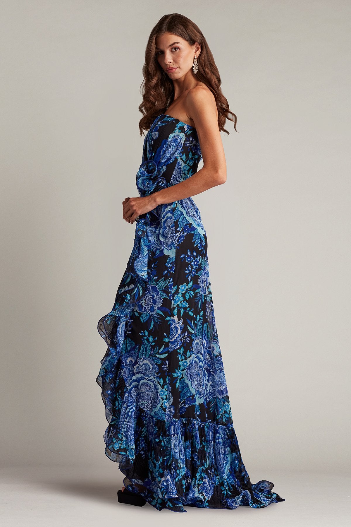 Tadashi Shoji CHW24386L Floral Printed Formal Long Slit Prom Pleated Ruffle Dress
