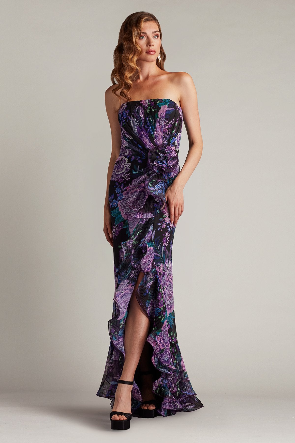 Tadashi Shoji CHW24386L Floral Printed Formal Long Slit Prom Pleated Ruffle Dress