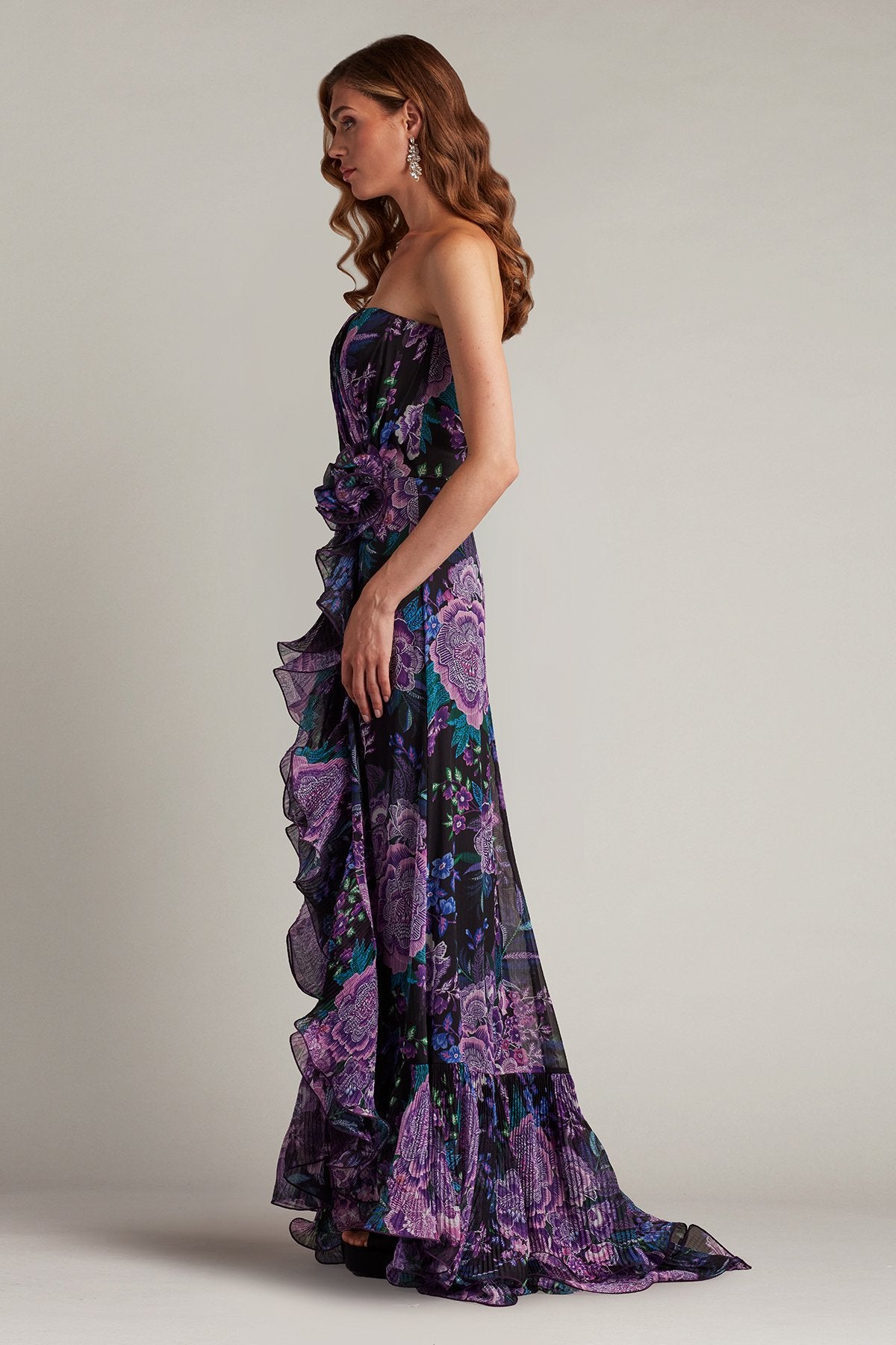 Tadashi Shoji CHW24386L Floral Printed Formal Long Slit Prom Pleated Ruffle Dress
