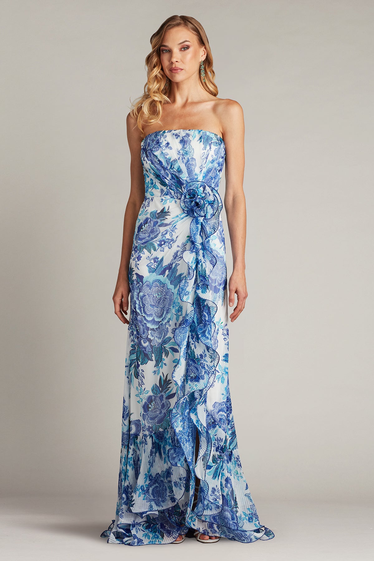 Tadashi Shoji CHW24386L Floral Printed Formal Long Slit Prom Pleated Ruffle Dress