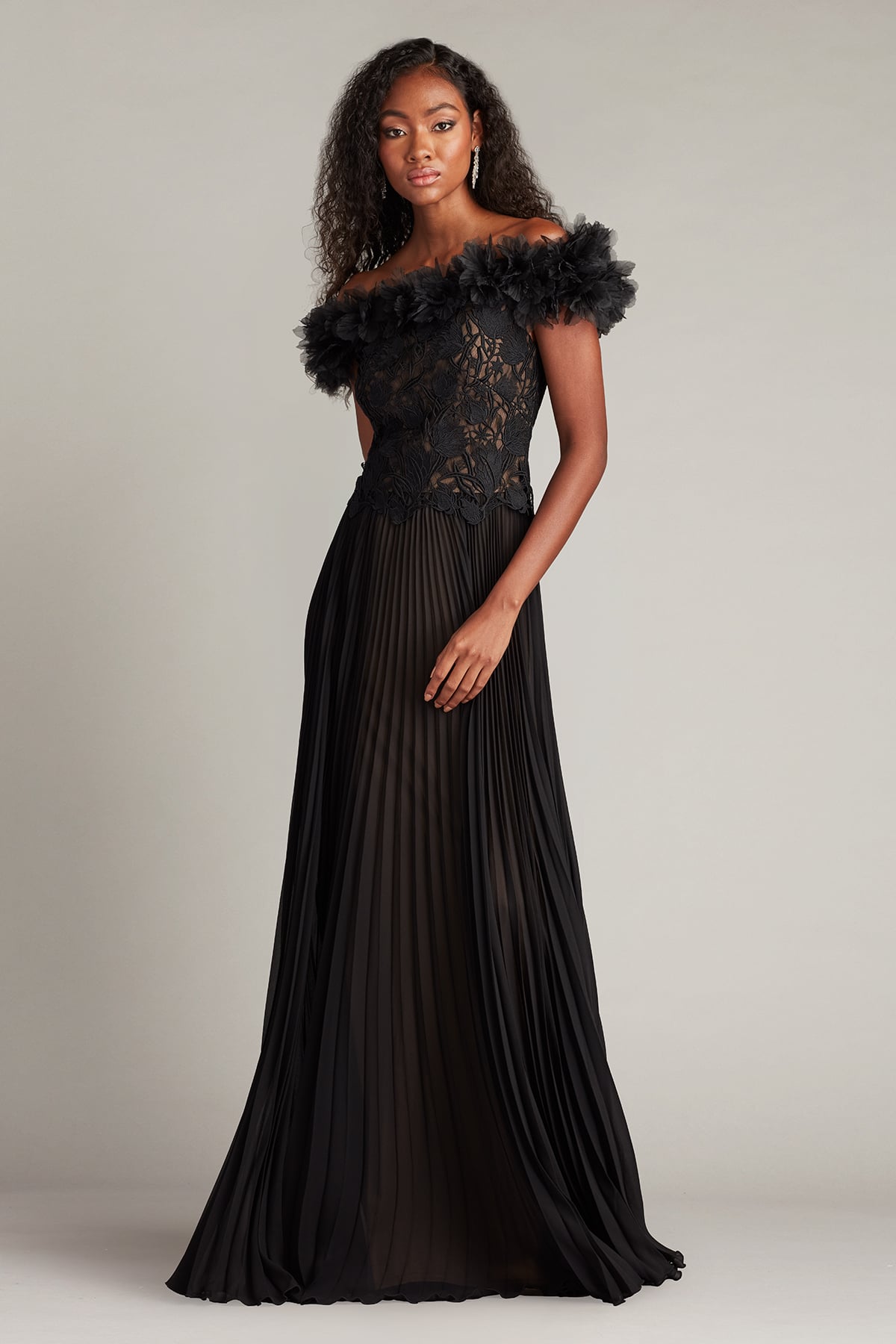 green emerald velvet dress Tadashi Shoji Women's Off The Shoulder Lace Bodice Gown - Black