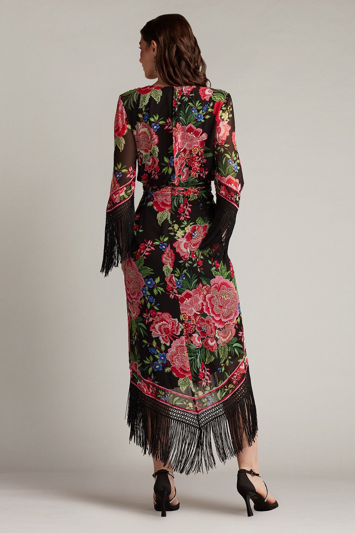 Formal Dresses Midi Length Fringe Formal Dress Black Fuchsia Floral