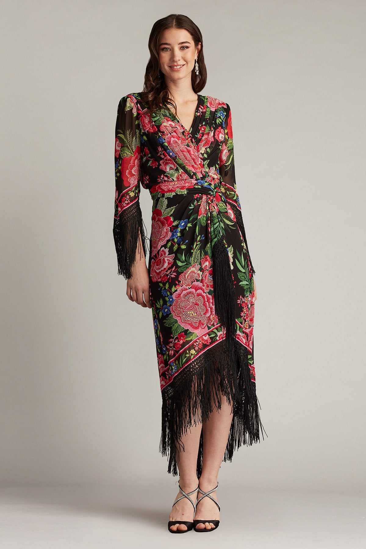 Formal Dresses Midi Length Fringe Formal Dress Black Fuchsia Floral