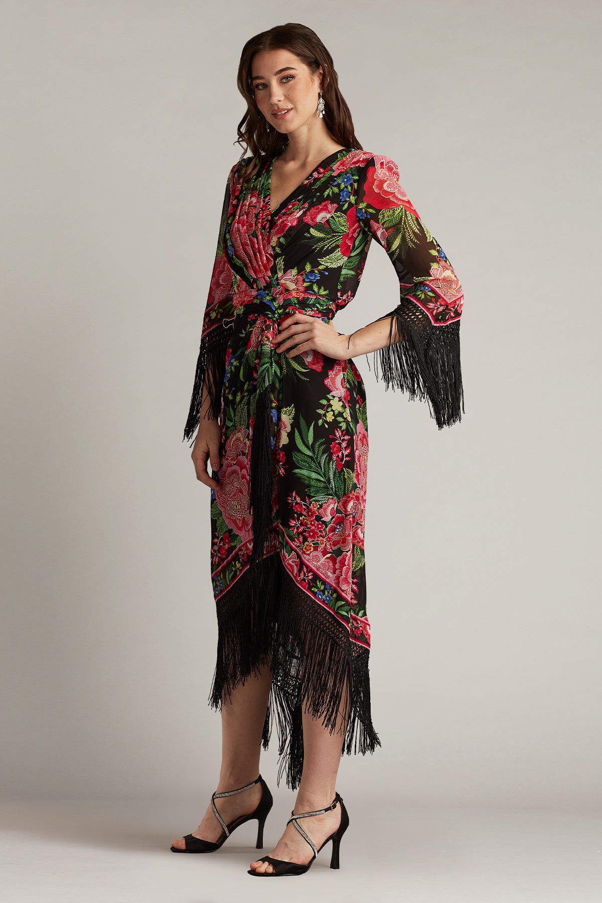 Black Fuchsia Floral Tadashi Shoji CHZ25450MD Midi Length Fringe