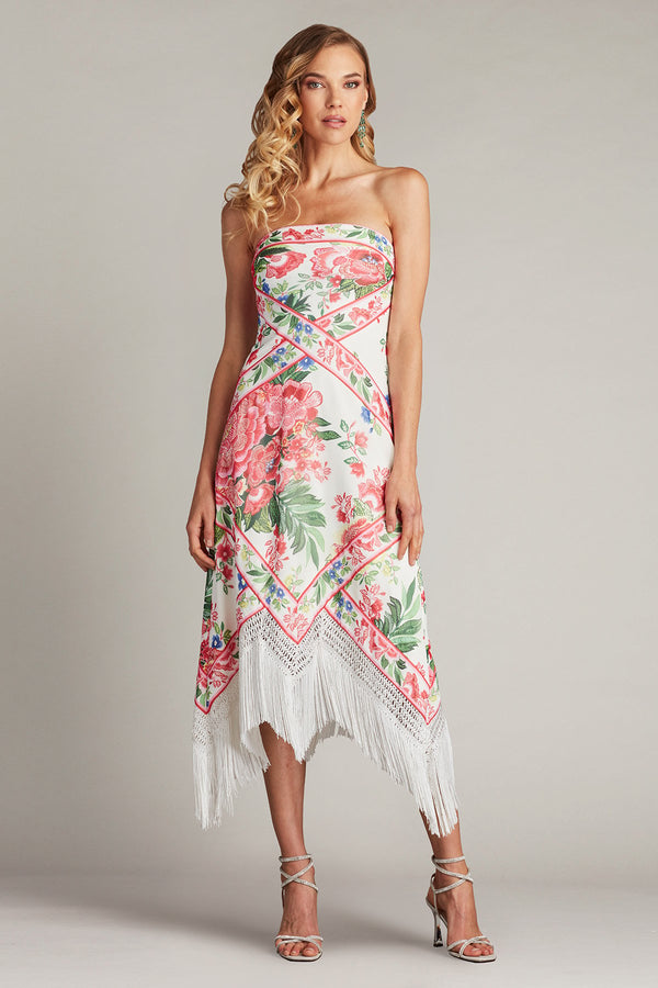 Tadashi Shoji HCHZ25452MD Floral Fringe Midi Length Printed Cocktail Dress
