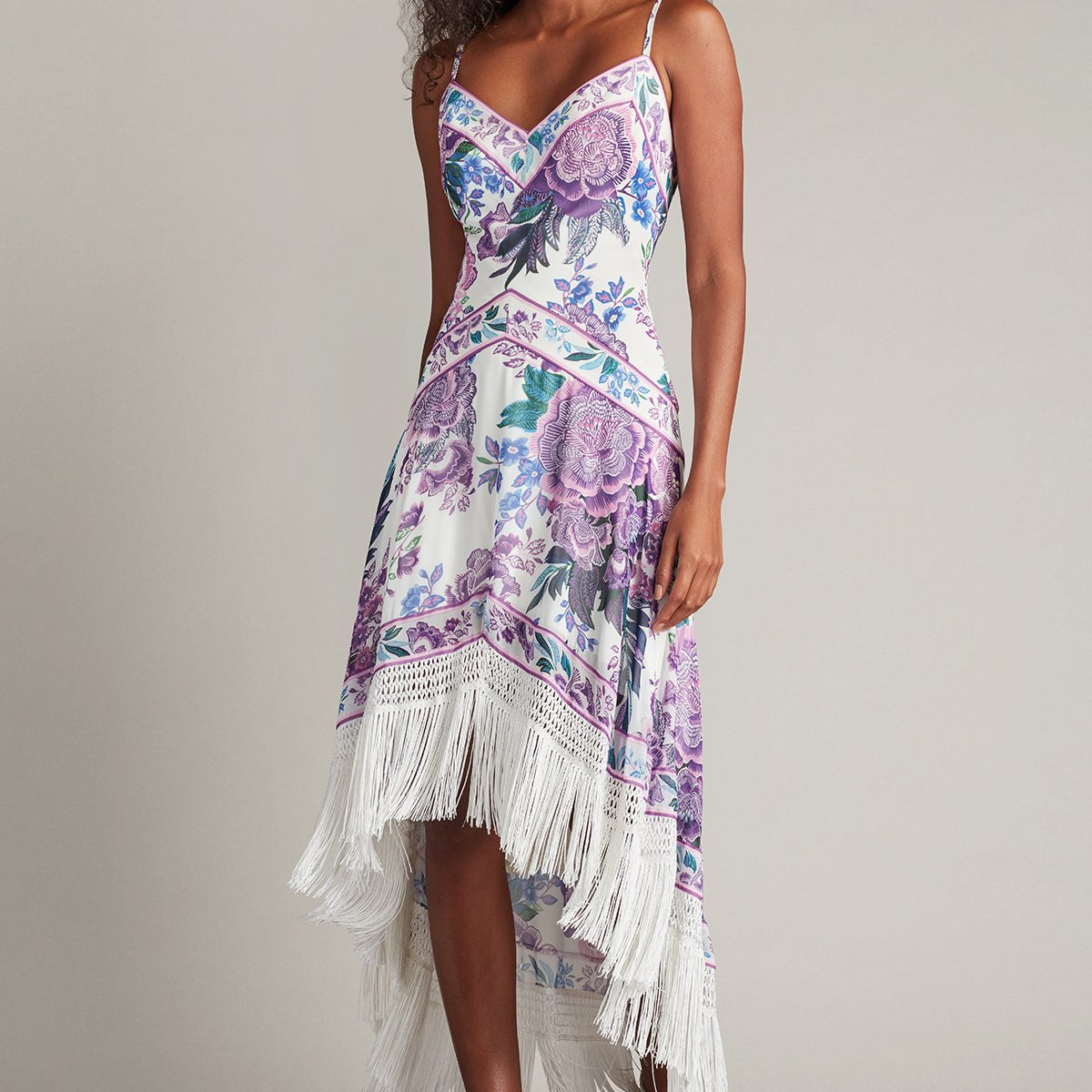 Tadashi Shoji CHZ25455MD Floral High Low Fringe Cocktail Dress