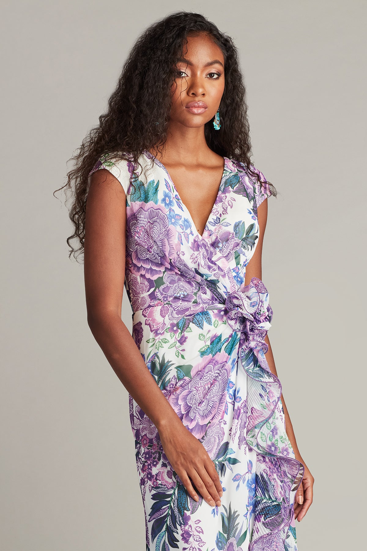 Tadashi Shoji Women's Sinai Floral Cascading Ruffle Gown - Purple - Size 6