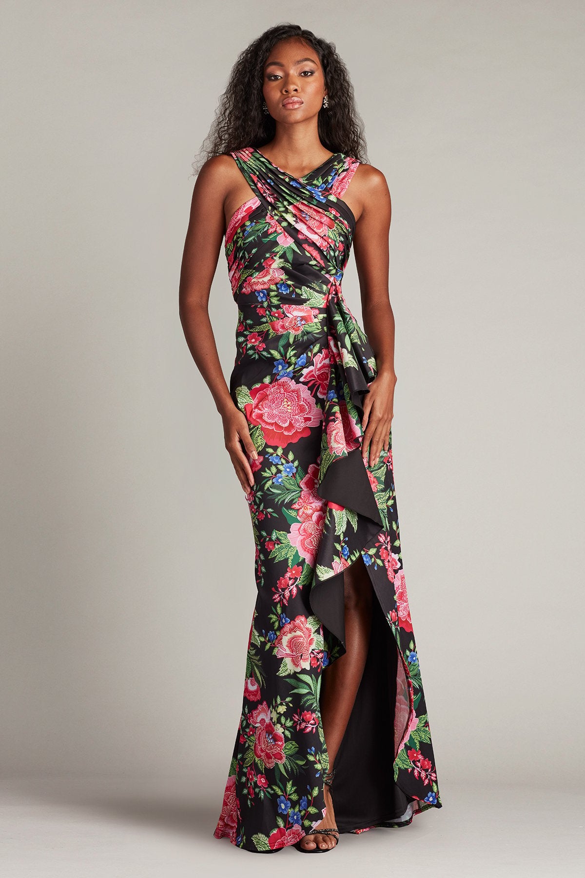 Prom Dresses Floral Printed Long Prom Ruffle Dress Black Fuchsia Floral