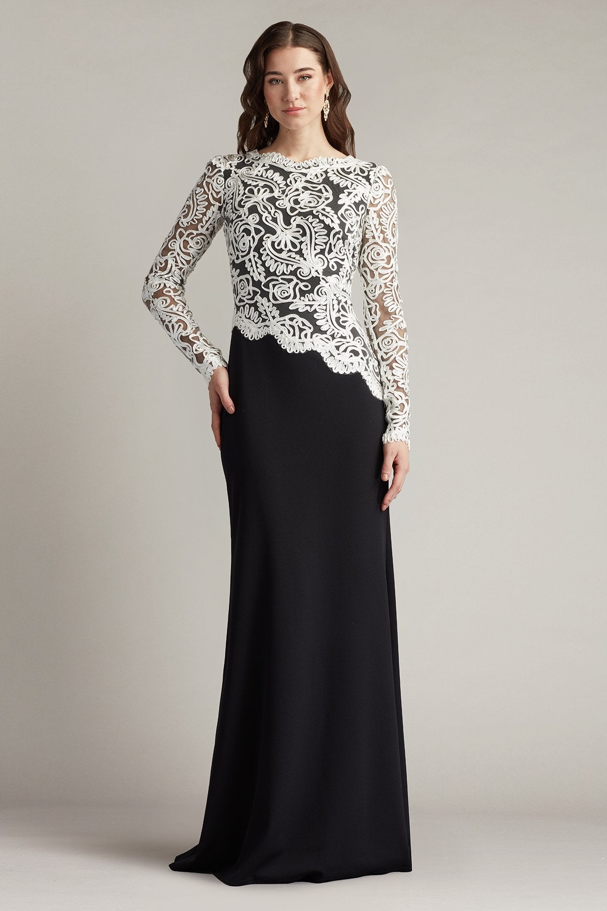 Tadashi Shoji Women's Lace Scroll Crepe Gown - Black - Gowns Tadashi Shoji Women's Lace Scroll Crepe Gown - Black - Gowns
