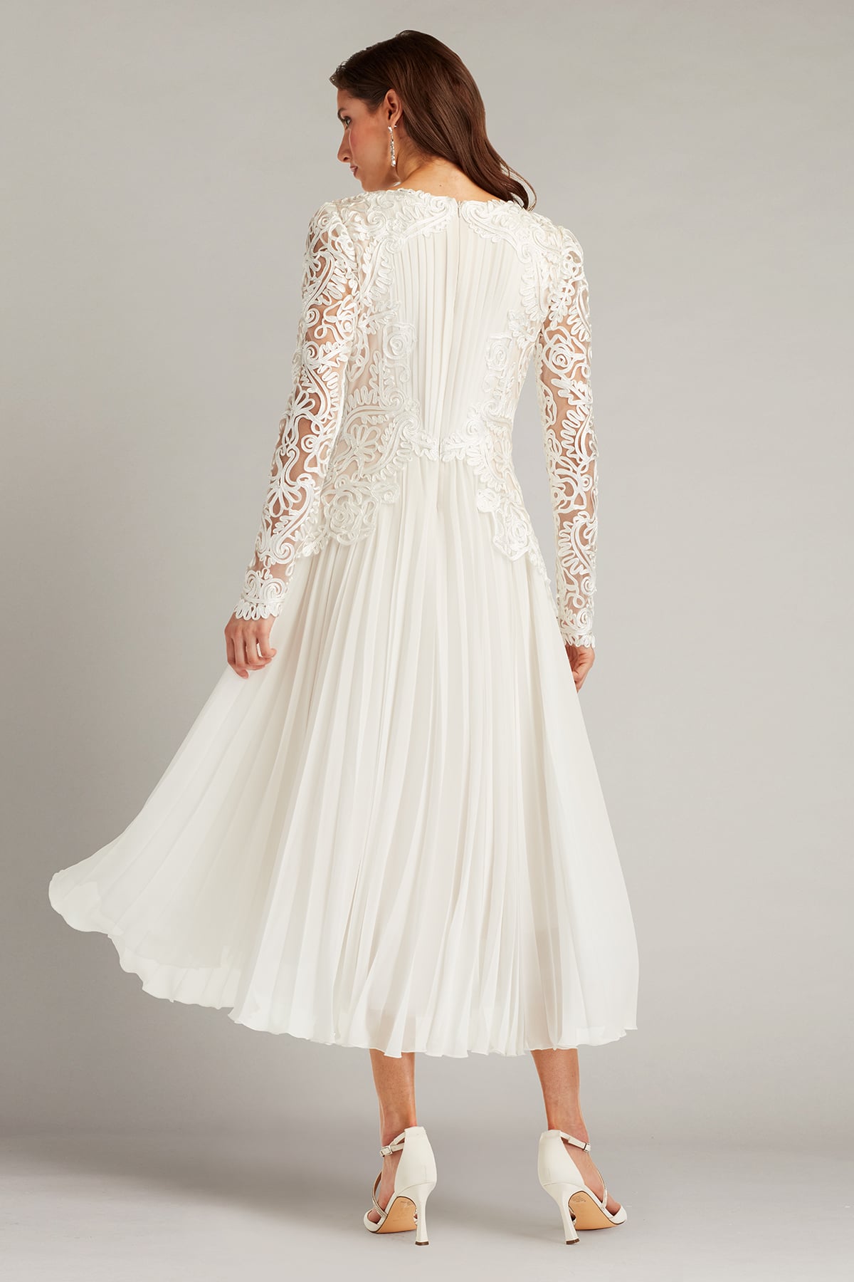 Ivory/Petal Jewel Tea-Length Chiffon Bridal Dress with Lace Long Sleeves Tadashi Shoji CIM24578MDBR