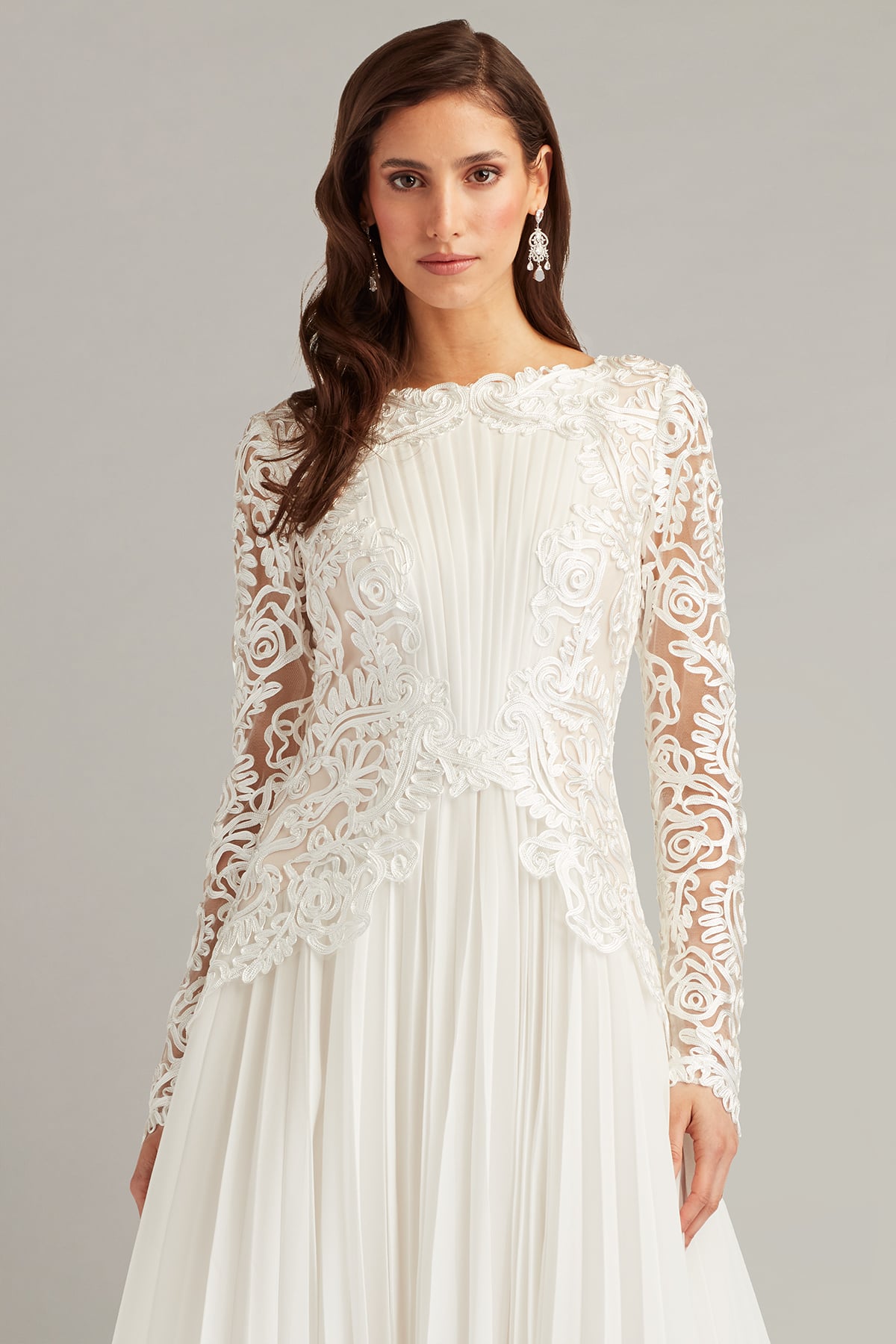 Ivory/Petal Jewel Tea-Length Chiffon Bridal Dress with Lace Long Sleeves Tadashi Shoji CIM24578MDBR