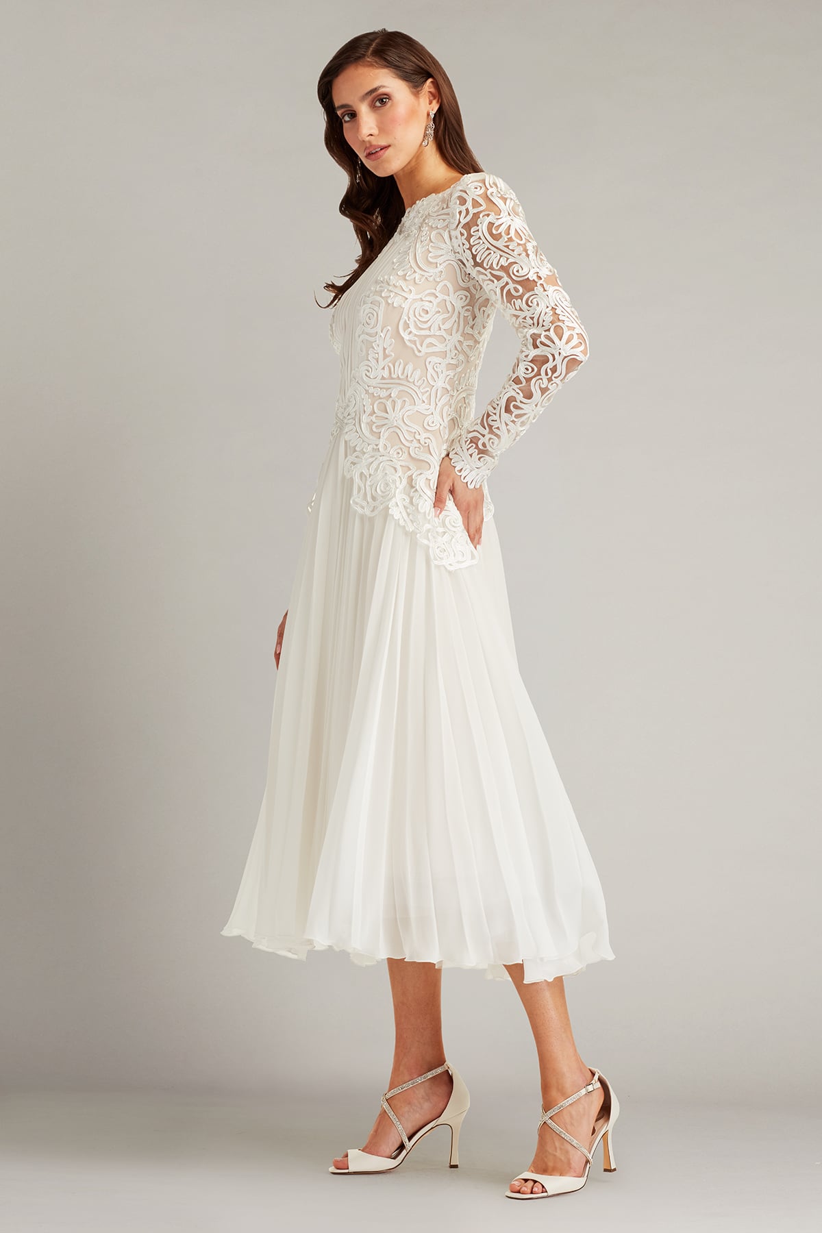 Ivory/Petal Jewel Tea-Length Chiffon Bridal Dress with Lace Long Sleeves Tadashi Shoji CIM24578MDBR