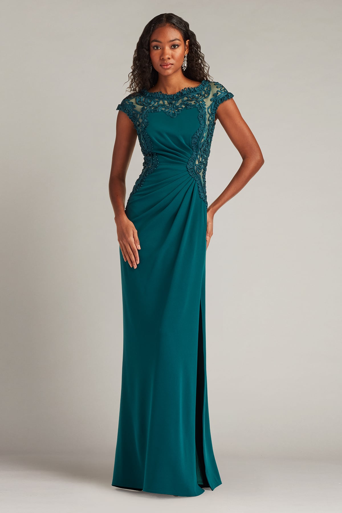 Tea Leaf Illusion Bateau Floor-Length Crepe Formal Gown with Side Slit and Lace Applique Tadashi Shoji CIM24581L