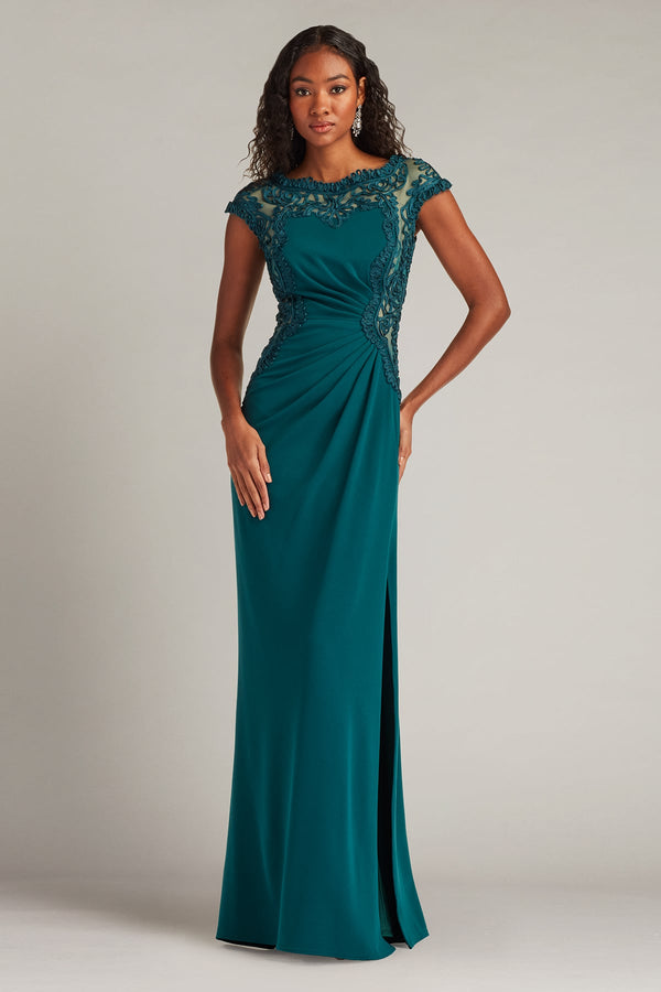 Illusion Bateau Floor-Length Crepe Formal Gown with Side Slit and Lace Applique Tadashi Shoji CIM24581L