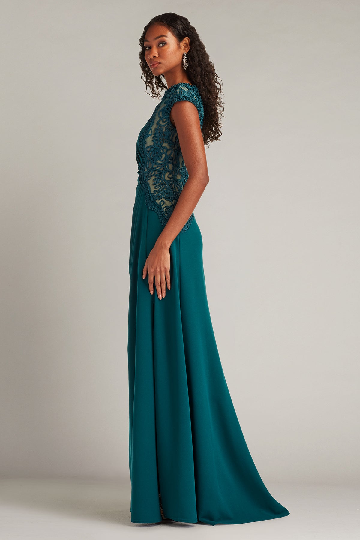 Tea Leaf Illusion Bateau Floor-Length Crepe Formal Gown with Side Slit and Lace Applique Tadashi Shoji CIM24581L