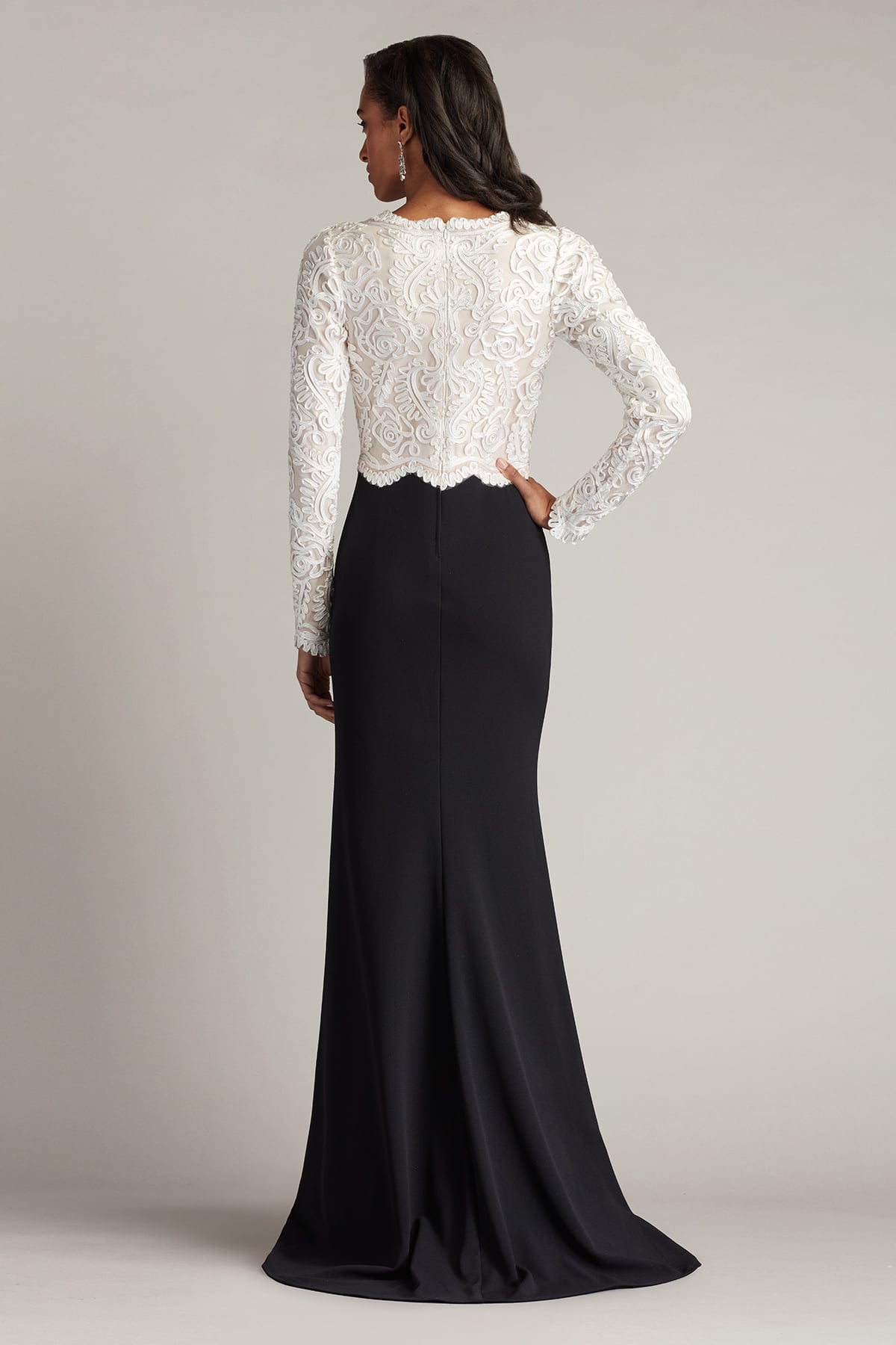 Ivory/Black Jewel Floor-Length Scuba Mother of the Bride Dress with Lace Long Sleeves Tadashi Shoji CIM25399L