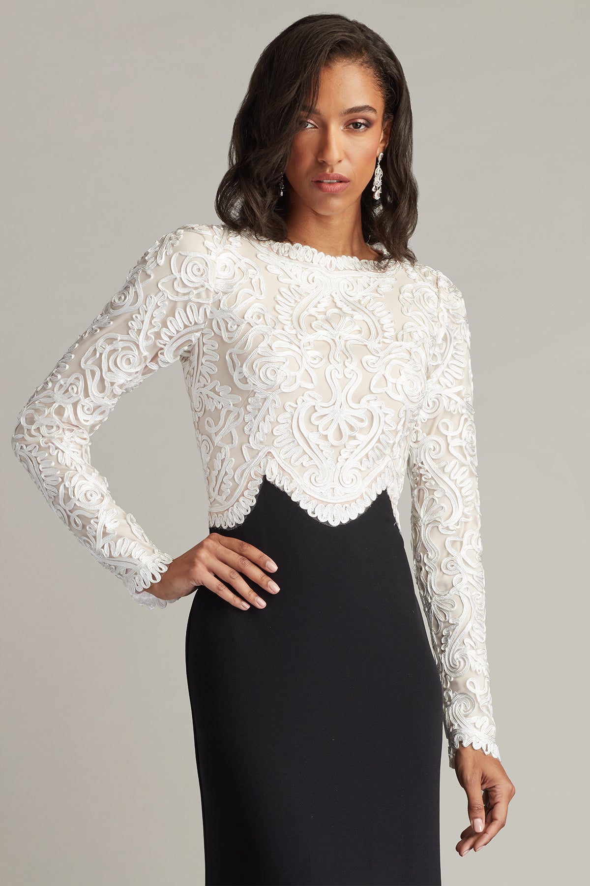 Ivory/Black Jewel Floor-Length Scuba Mother of the Bride Dress with Lace Long Sleeves Tadashi Shoji CIM25399L