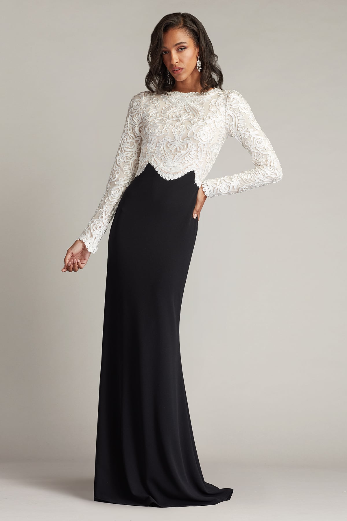 Ivory/Black Jewel Floor-Length Scuba Mother of the Bride Dress with Lace Long Sleeves Tadashi Shoji CIM25399L