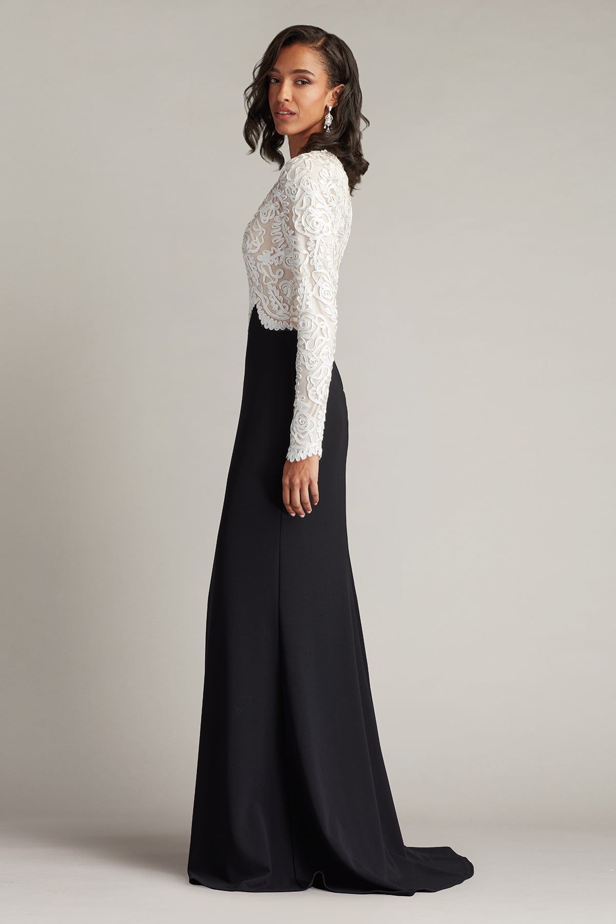 Ivory/Black Jewel Floor-Length Scuba Mother of the Bride Dress with Lace Long Sleeves Tadashi Shoji CIM25399L