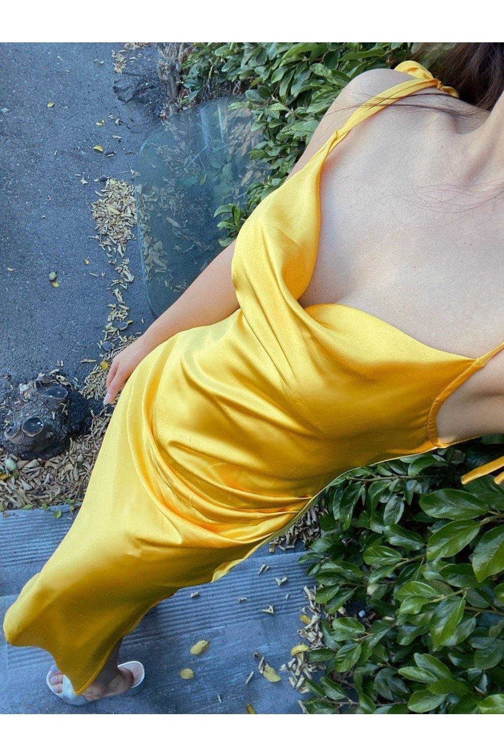 Satin Formal Midi Prom Dress Yellow