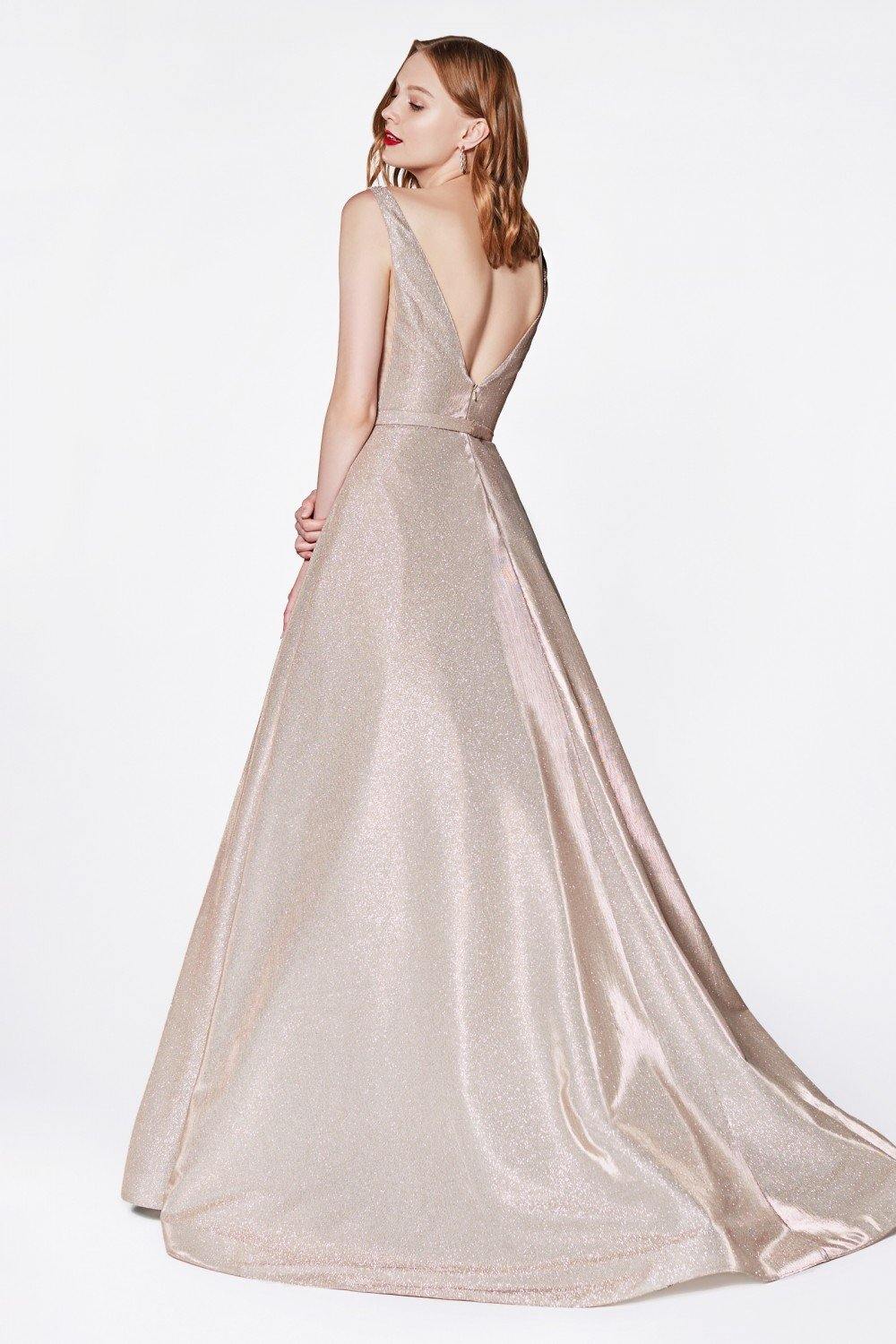 Prom Long Champagne Glitter Dress - The Dress Outlet