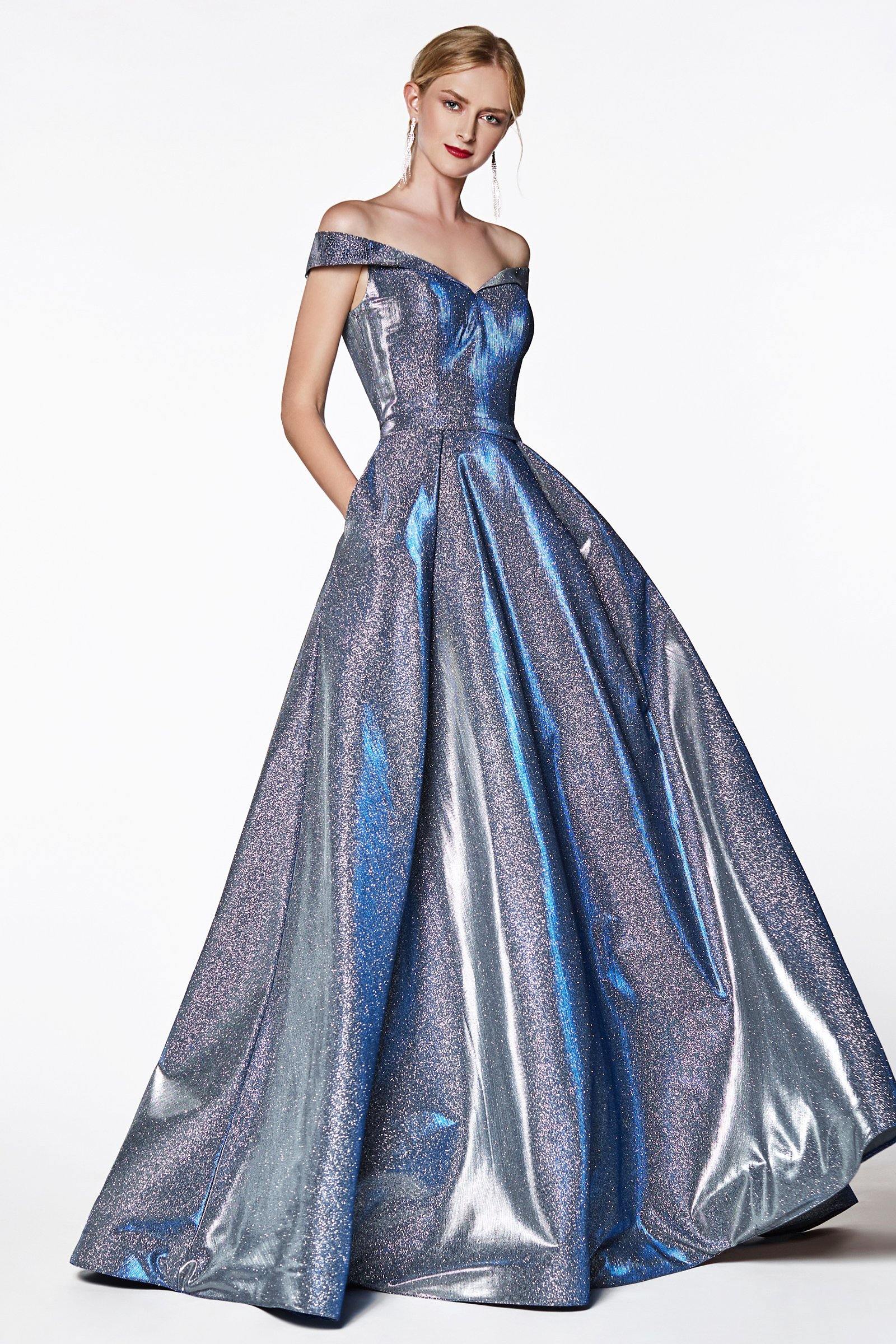 Long Off Shoulder Prom Glitter Metallic Ball Gown - The Dress Outlet Cinderella Divine