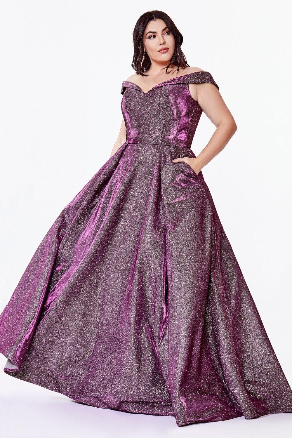 Long Off Shoulder Prom Glitter Metallic Ball Gown - The Dress Outlet