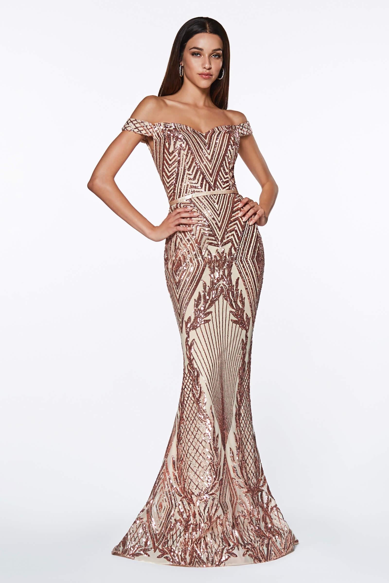 Long Sequin Off The Shoulder Prom Gown Evening Dress - The Dress Outlet Cinderella Divine