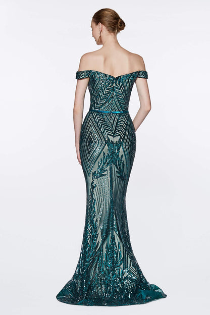 Long Sequin Off The Shoulder Prom Gown Evening Dress - The Dress Outlet Cinderella Divine