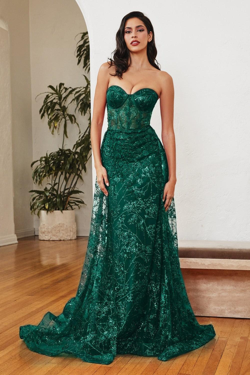 Long Formal Strapless Floral Applique Prom Dress Emerald