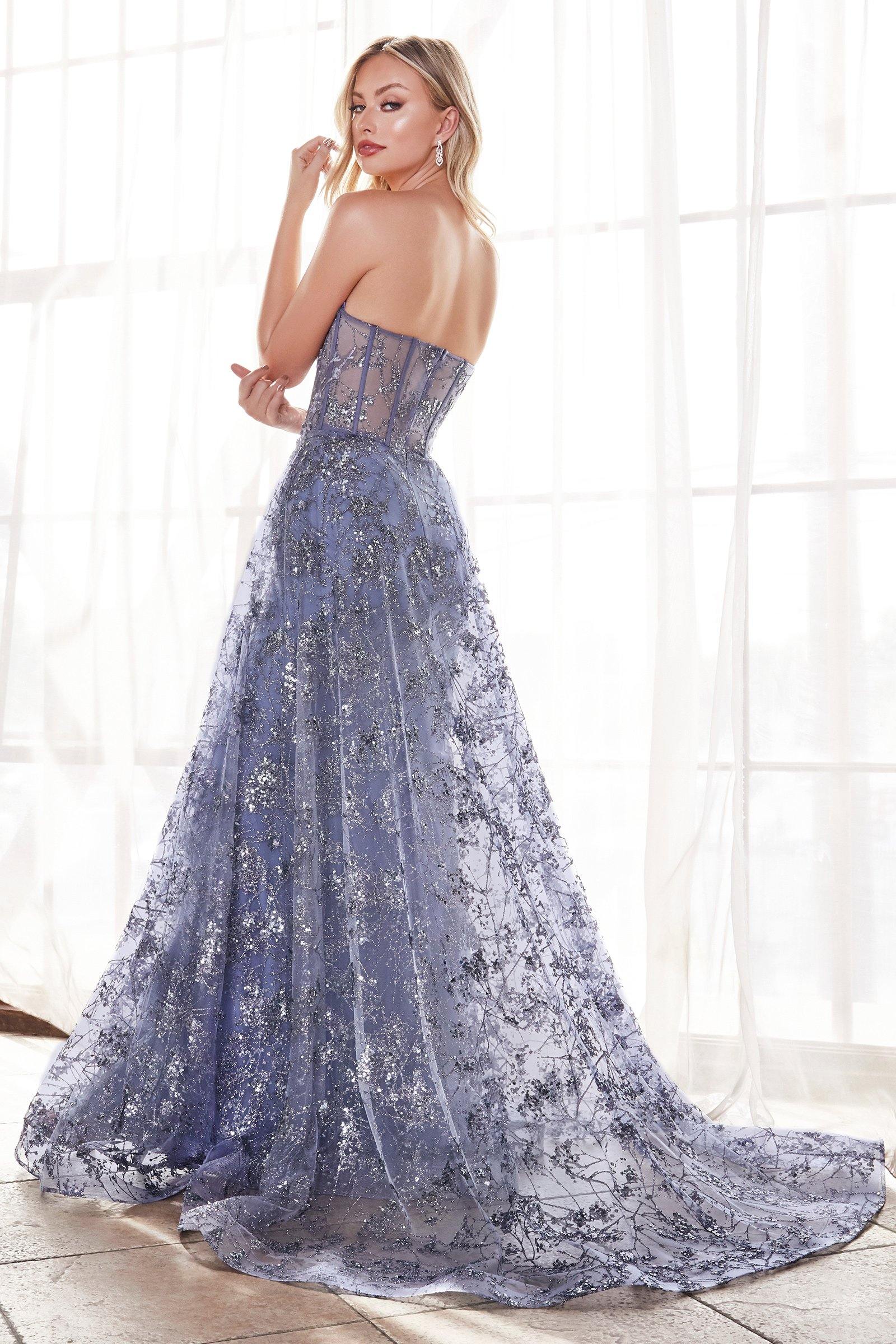 Long Formal Strapless Floral Applique Prom Dress Smoky Blue