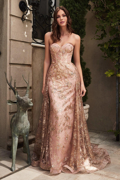 Long Strapless Floral Applique Prom Dress Rose Gold