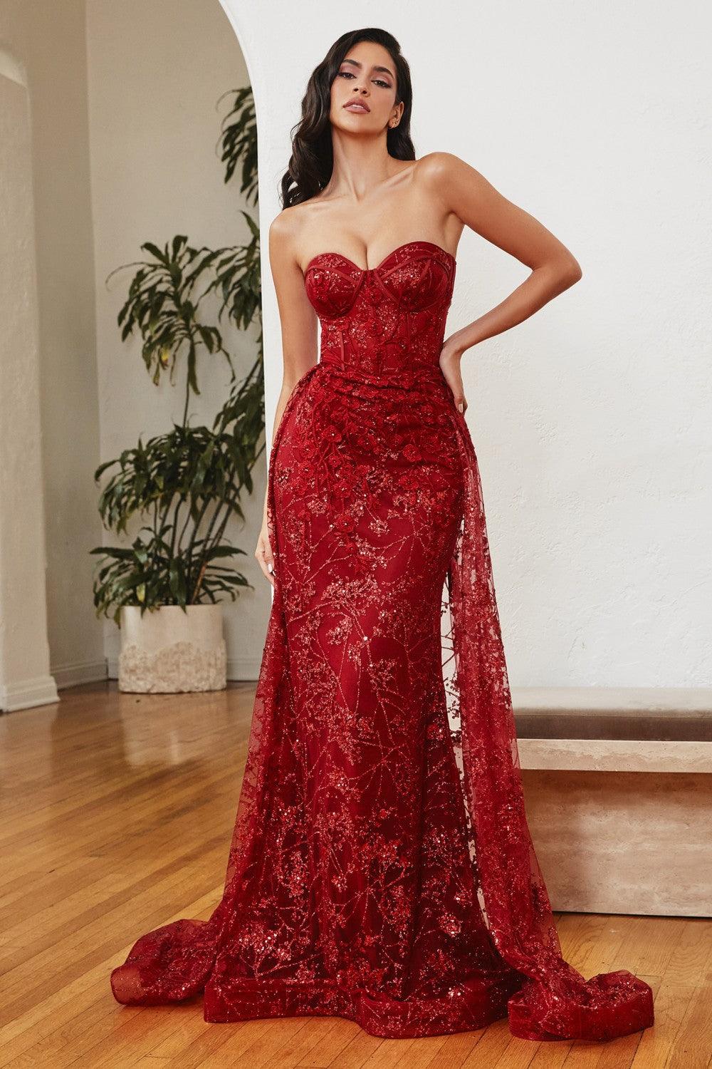 Long Formal Strapless Floral Applique Prom Dress Red