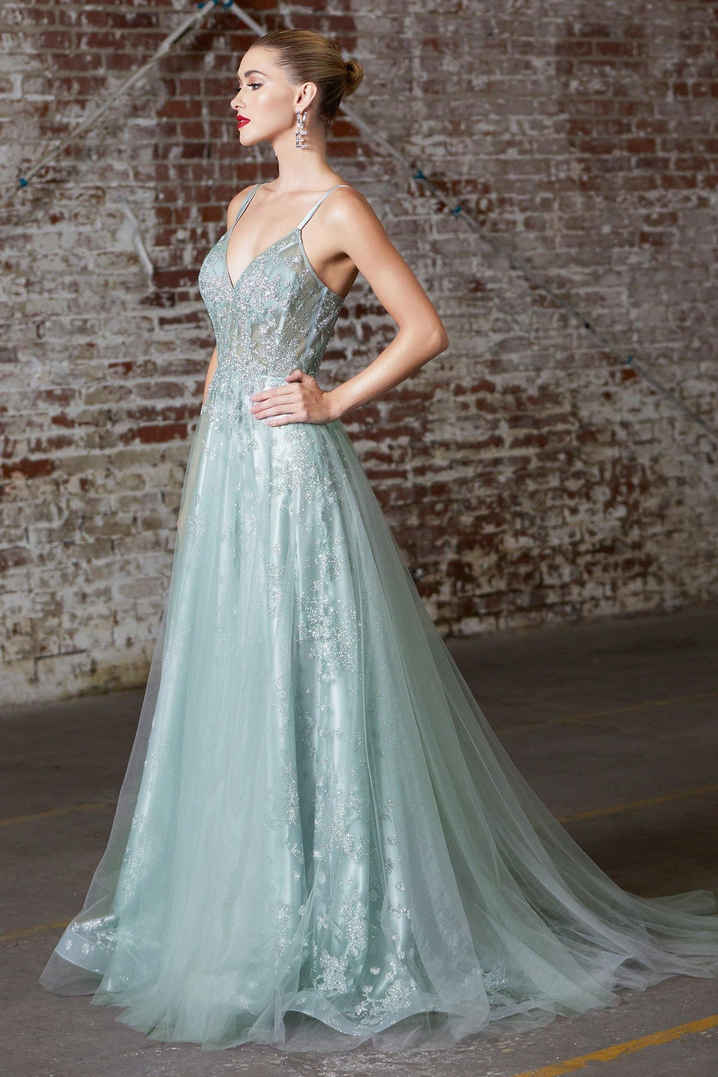 Long Formal Spaghetti Strap Glitter Print Prom Gown - The Dress Outlet Cinderella Divine