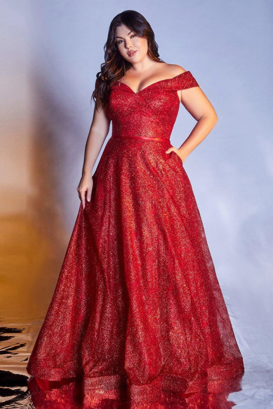 Long Off Shoulder Glitter Print Prom Ball Gown - The Dress Outlet