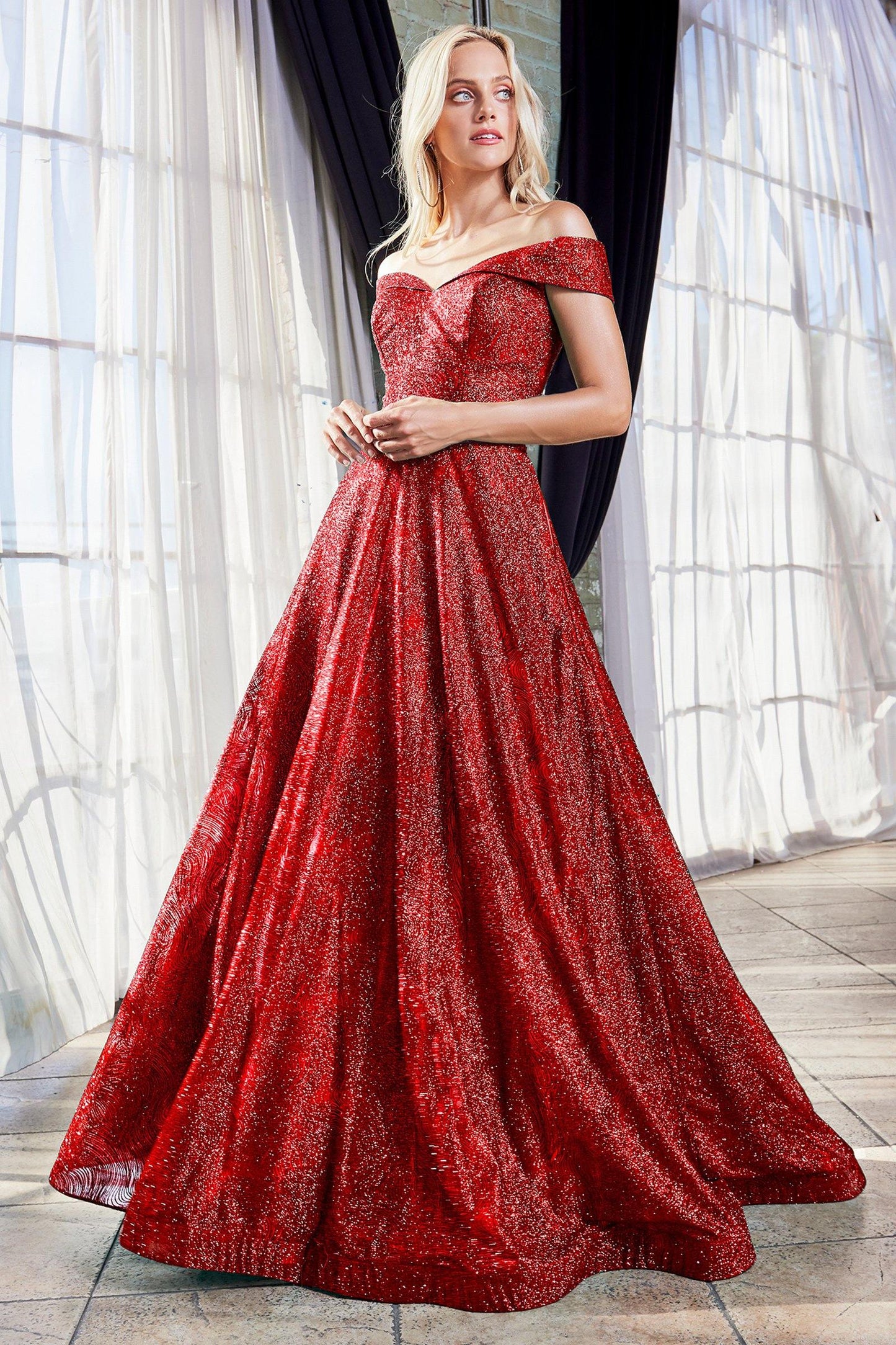 Long Off Shoulder Glitter Print Prom Ball Gown - The Dress Outlet Cinderella Divine
