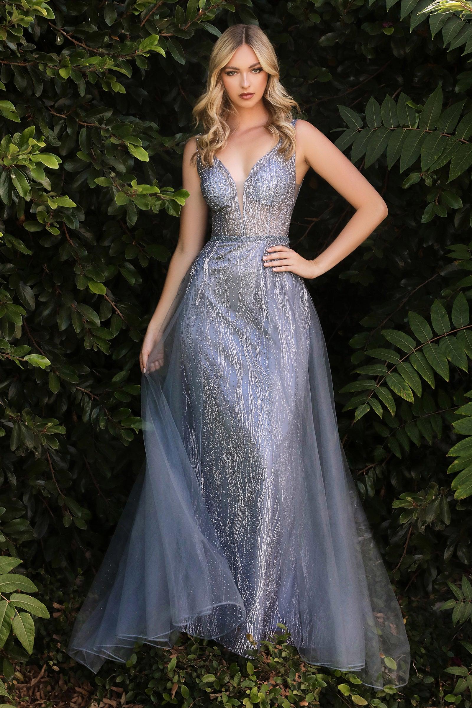 Long Sleeveless Glitter Prom Dress Smoky Blue