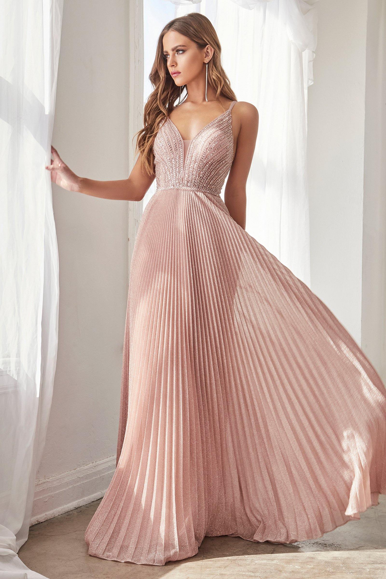 Long Formal Spaghetti Strap Metallic Prom Dress - The Dress Outlet Cinderella Divine