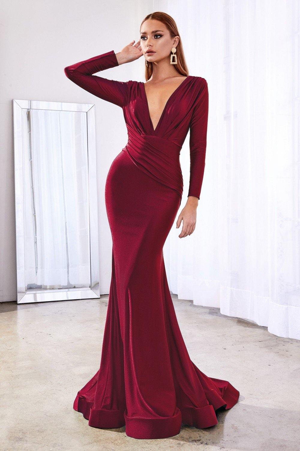 Long Sleeve Fitted Formal Dress Burgundy