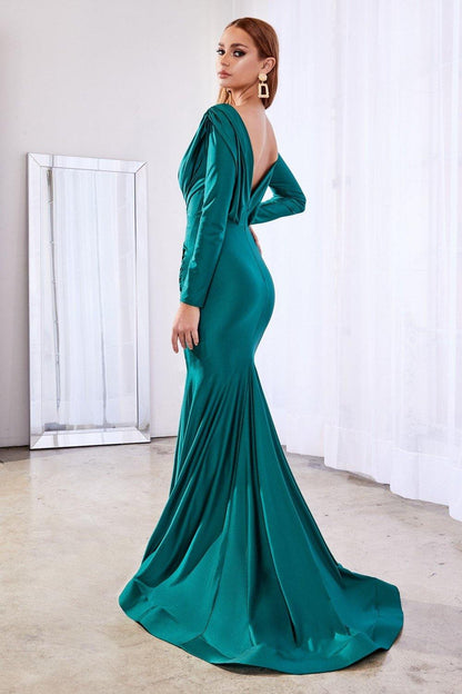 Long Sleeve Fitted Formal Dress Emerald